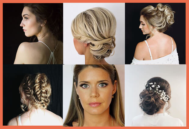 collage of hairstyles including soft tousled locks, fishtail braids, florals in hair, and beautiful classic makeup