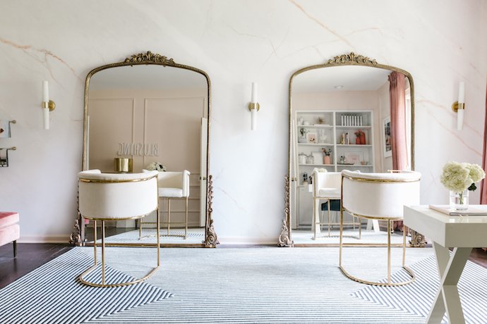 Gorgeous Studio with Gold Chairs and Floor Length Gold Mirror, Pink Curtains and Marble Wall