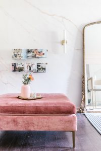 Gorgeous Studio with Gold Chairs and Floor Length Gold Mirror, Pink Ottoman and Marble Wall